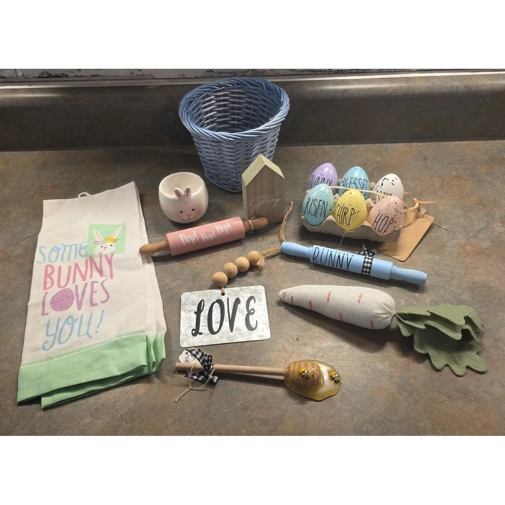 Lot of Mixed Easter Spring Decorations Tiered Tray Decor Basket Eggs